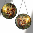 Red Squirrel & Pinecone Branch Stained Glass Suncatcher