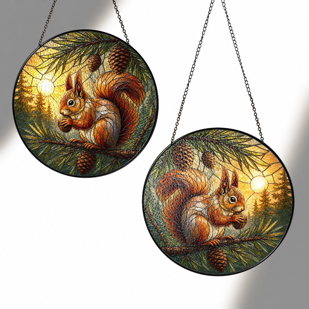 Red Squirrel & Pinecone Branch Stained Glass Suncatcher