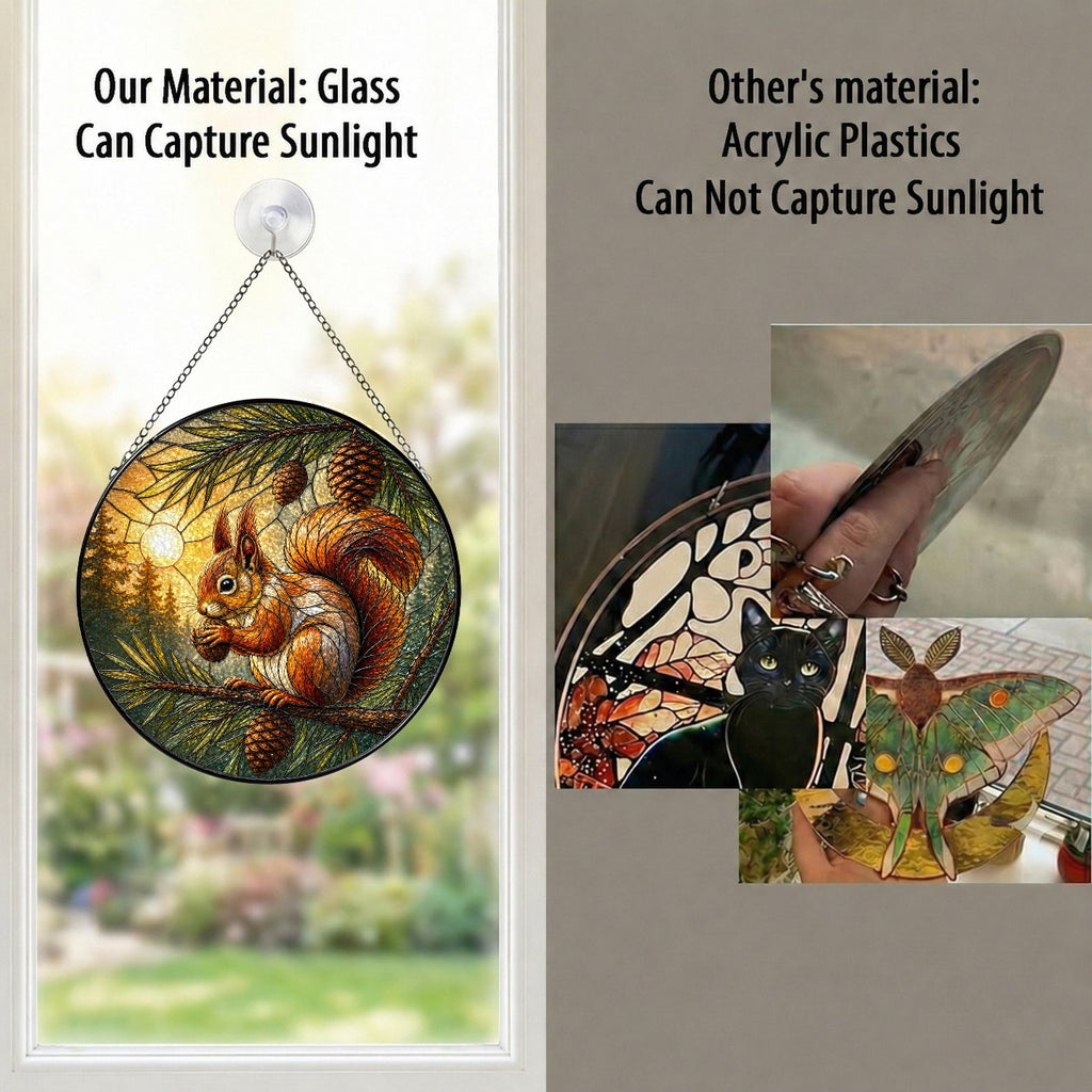 Red Squirrel & Pinecone Branch Stained Glass Suncatcher