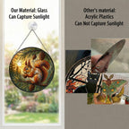 Red Squirrel & Pinecone Branch Stained Glass Suncatcher