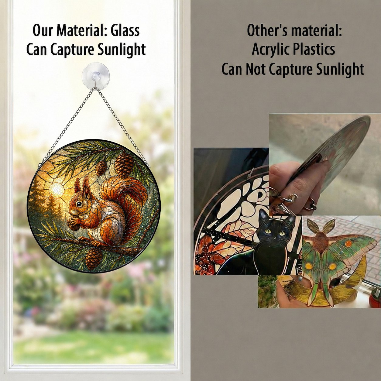 Red Squirrel & Pinecone Branch Stained Glass Suncatcher
