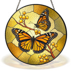 Two monarch butterflies on a berry branch stained glass suncatcher