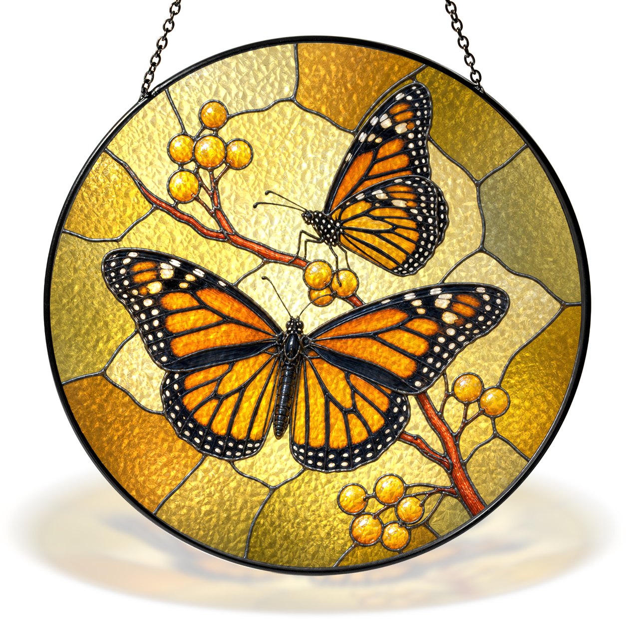 Two monarch butterflies on a berry branch stained glass suncatcher
