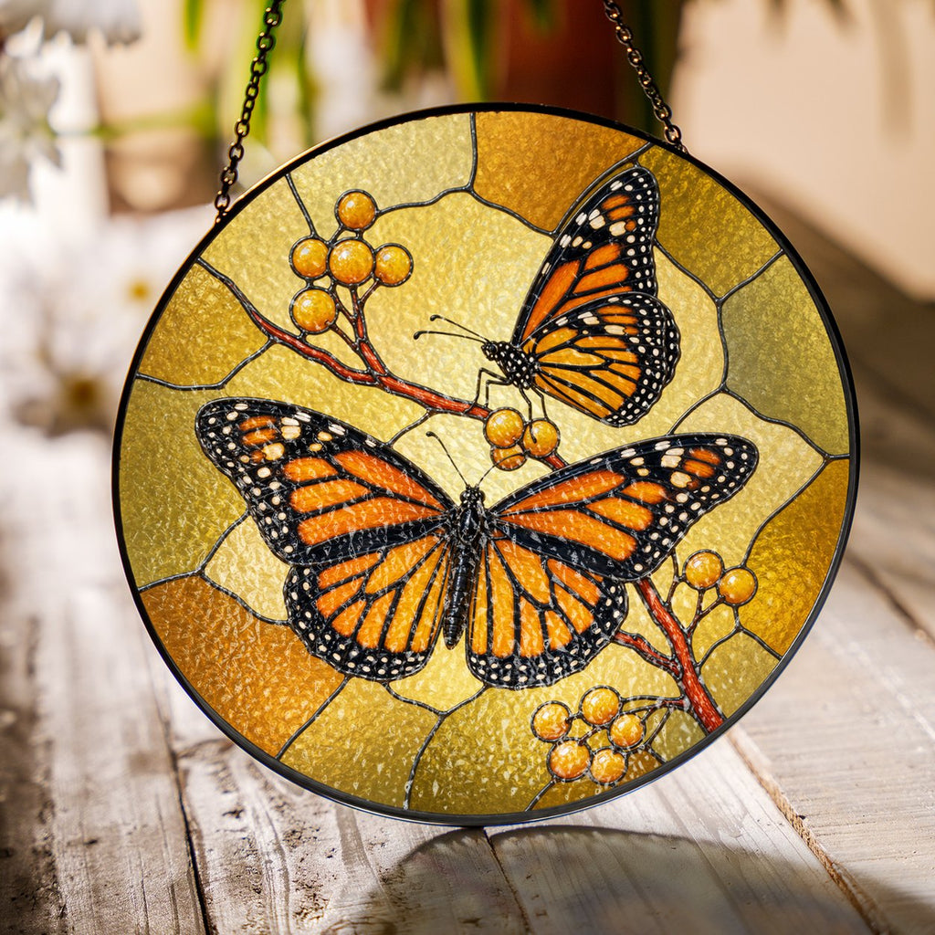 Monarch Butterfly Pair & Berry Branch Stained Glass Suncatcher