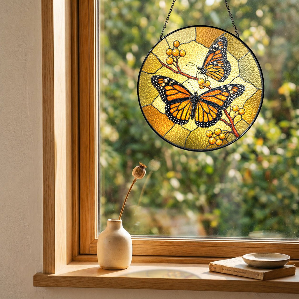 Monarch Butterfly Pair & Berry Branch Stained Glass Suncatcher