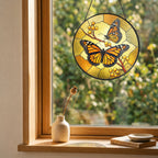 Monarch Butterfly Pair & Berry Branch Stained Glass Suncatcher