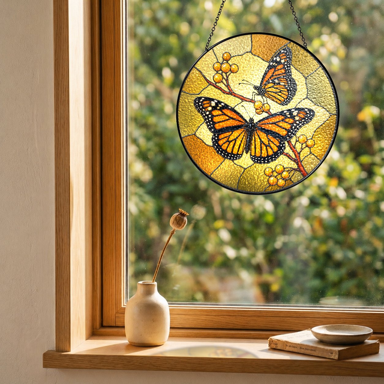 Monarch Butterfly Pair & Berry Branch Stained Glass Suncatcher
