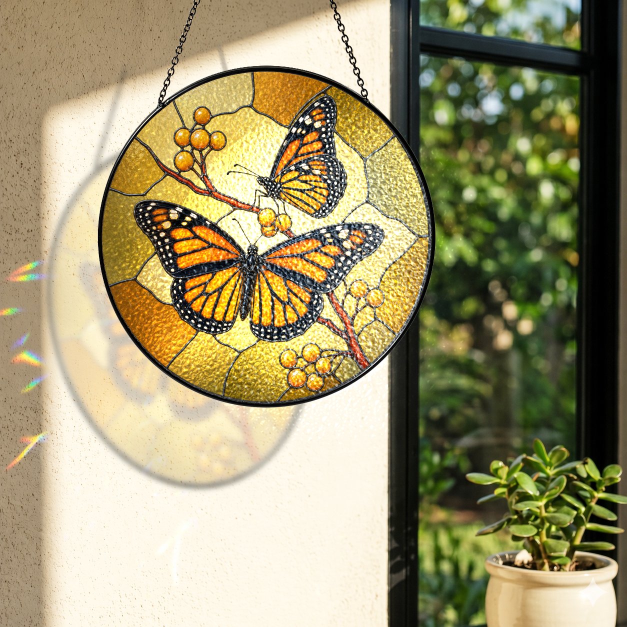 Monarch Butterfly Pair & Berry Branch Stained Glass Suncatcher