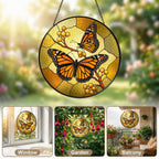 Monarch Butterfly Pair & Berry Branch Stained Glass Suncatcher