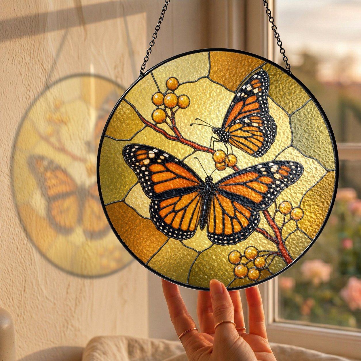 Monarch Butterfly Pair & Berry Branch Stained Glass Suncatcher