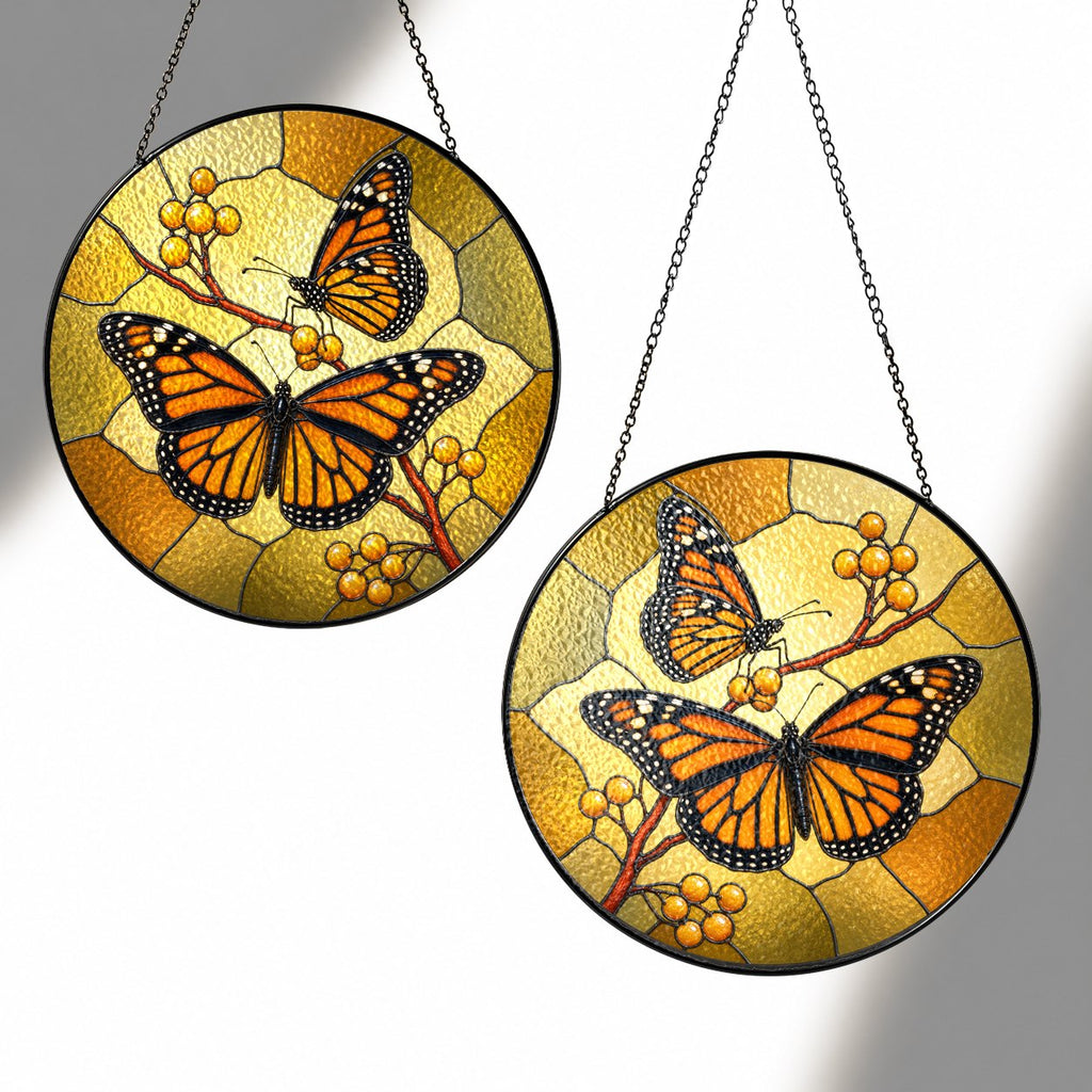 Monarch Butterfly Pair & Berry Branch Stained Glass Suncatcher