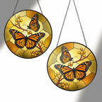 Monarch Butterfly Pair & Berry Branch Stained Glass Suncatcher