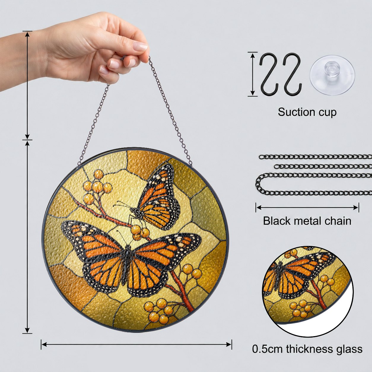 Monarch Butterfly Pair & Berry Branch Stained Glass Suncatcher