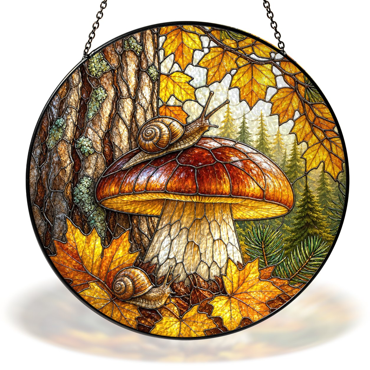 Two snails on a woodland mushroom stained glass suncatcher