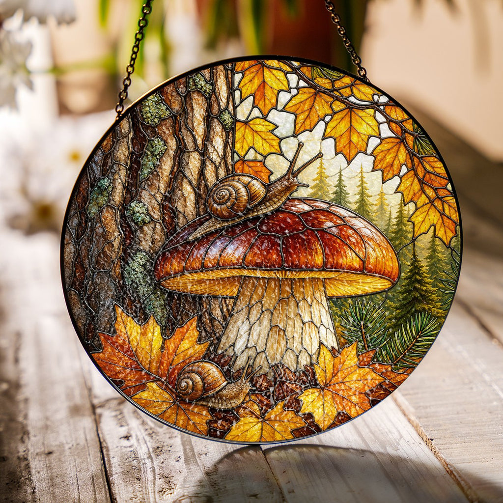 Two Snails & Woodland Mushroom Stained Glass Suncatcher