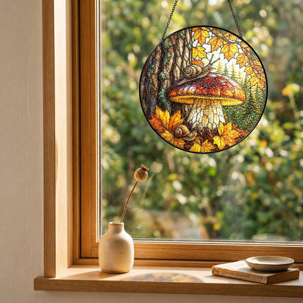 Two Snails & Woodland Mushroom Stained Glass Suncatcher
