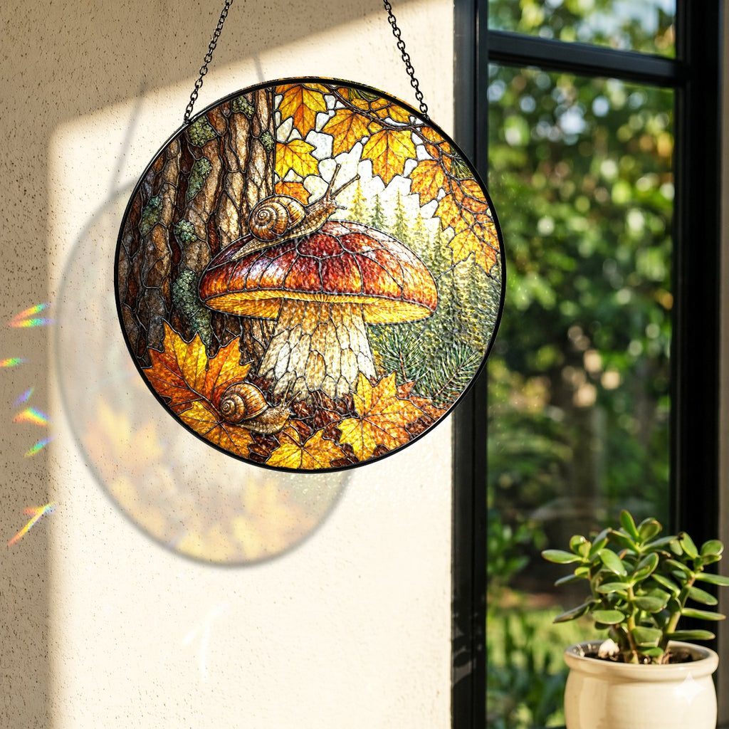 Two Snails & Woodland Mushroom Stained Glass Suncatcher