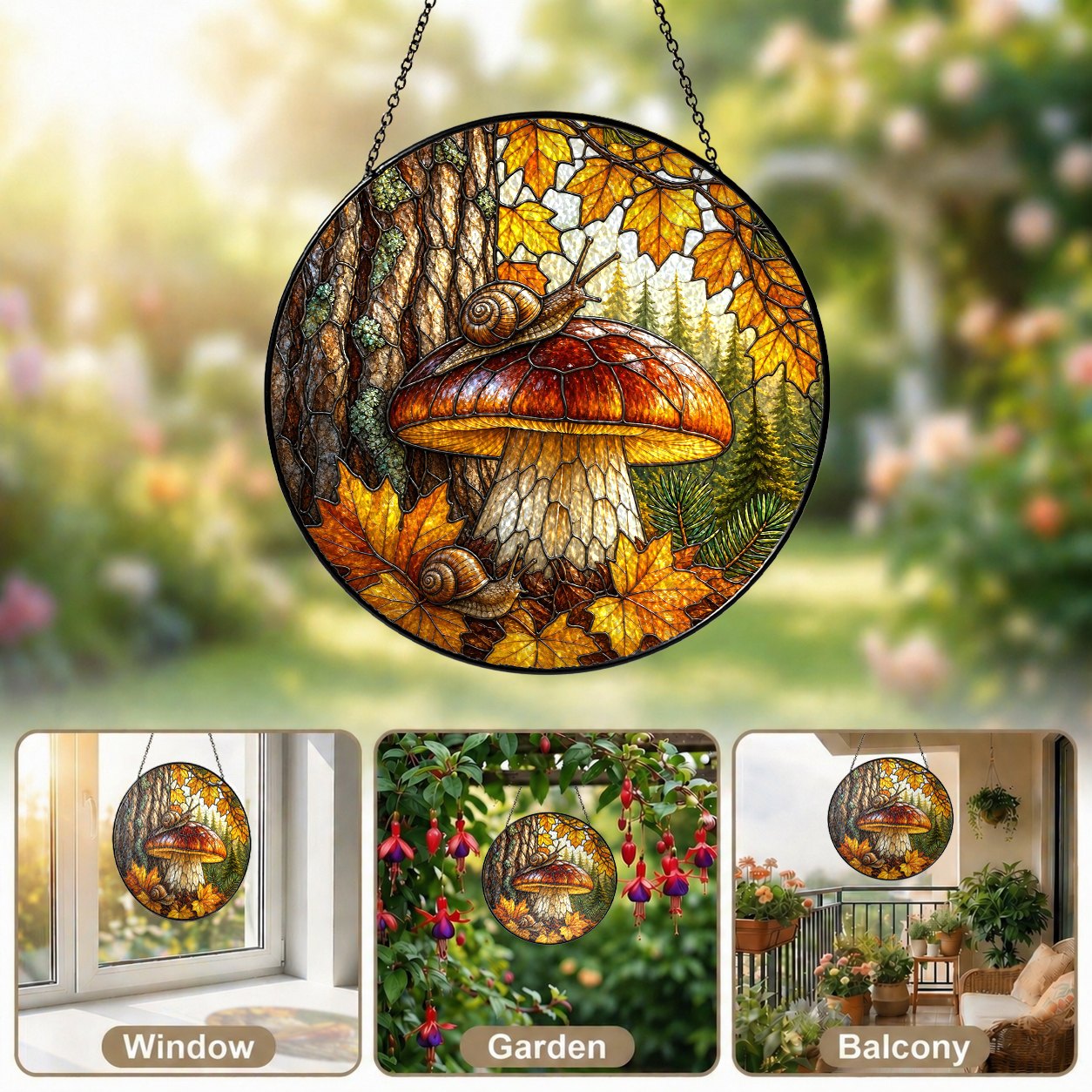 Two Snails & Woodland Mushroom Stained Glass Suncatcher