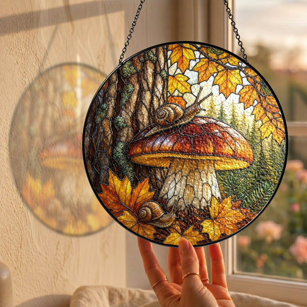 Two Snails & Woodland Mushroom Stained Glass Suncatcher