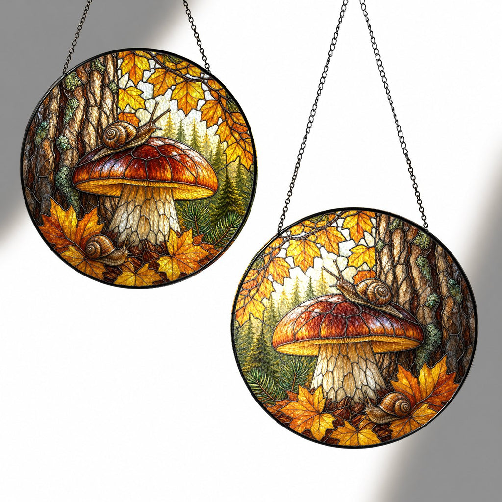 Two Snails & Woodland Mushroom Stained Glass Suncatcher