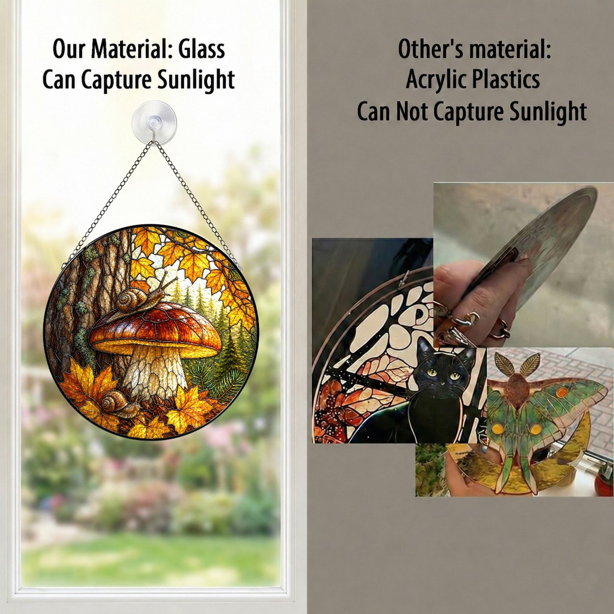 Two Snails & Woodland Mushroom Stained Glass Suncatcher