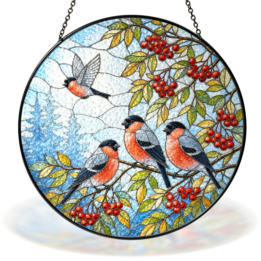 Bullfinches on a rowan berry branch stained glass suncatcher