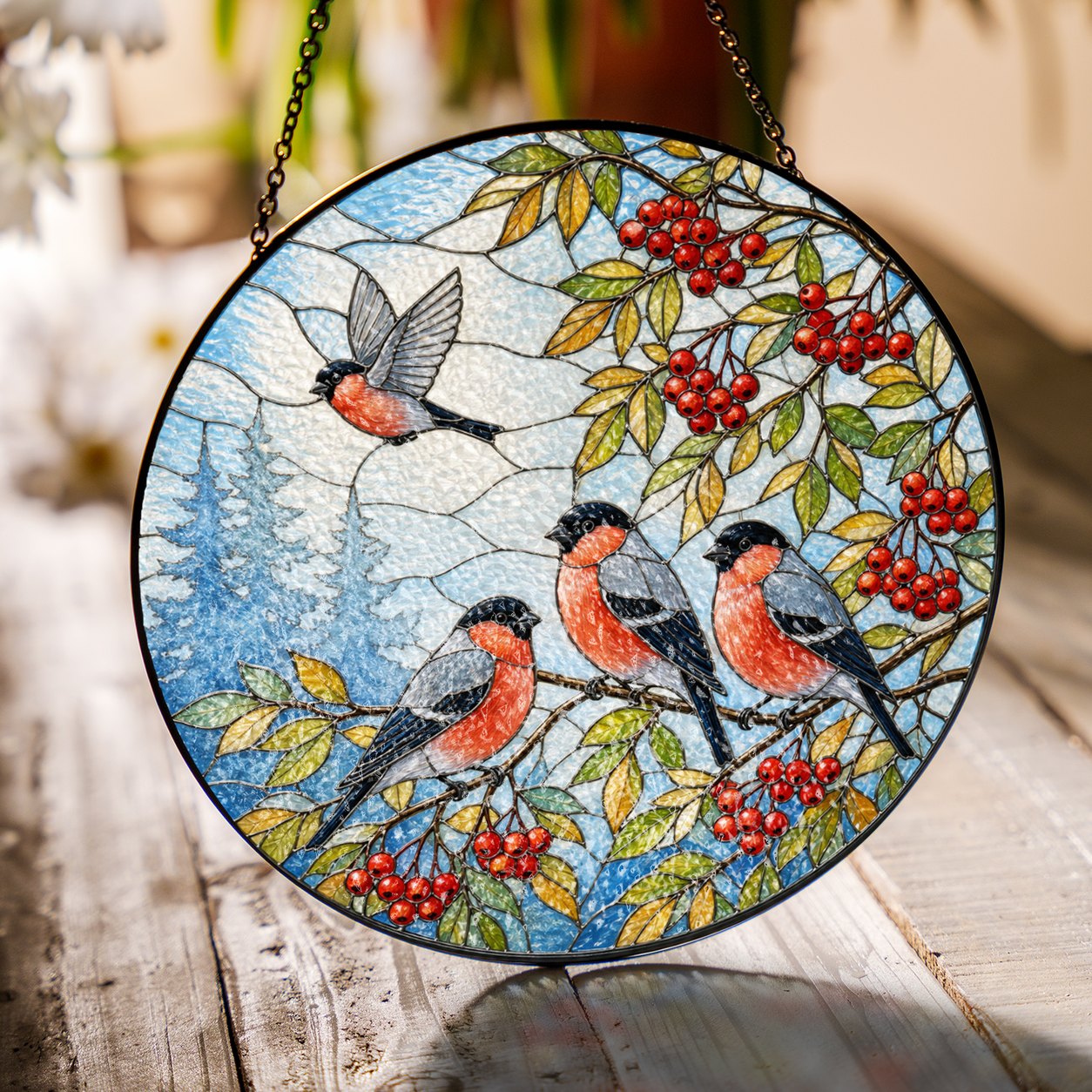 Bullfinch Trio & Rowan Berries Stained Glass Suncatcher