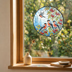 Bullfinch Trio & Rowan Berries Stained Glass Suncatcher