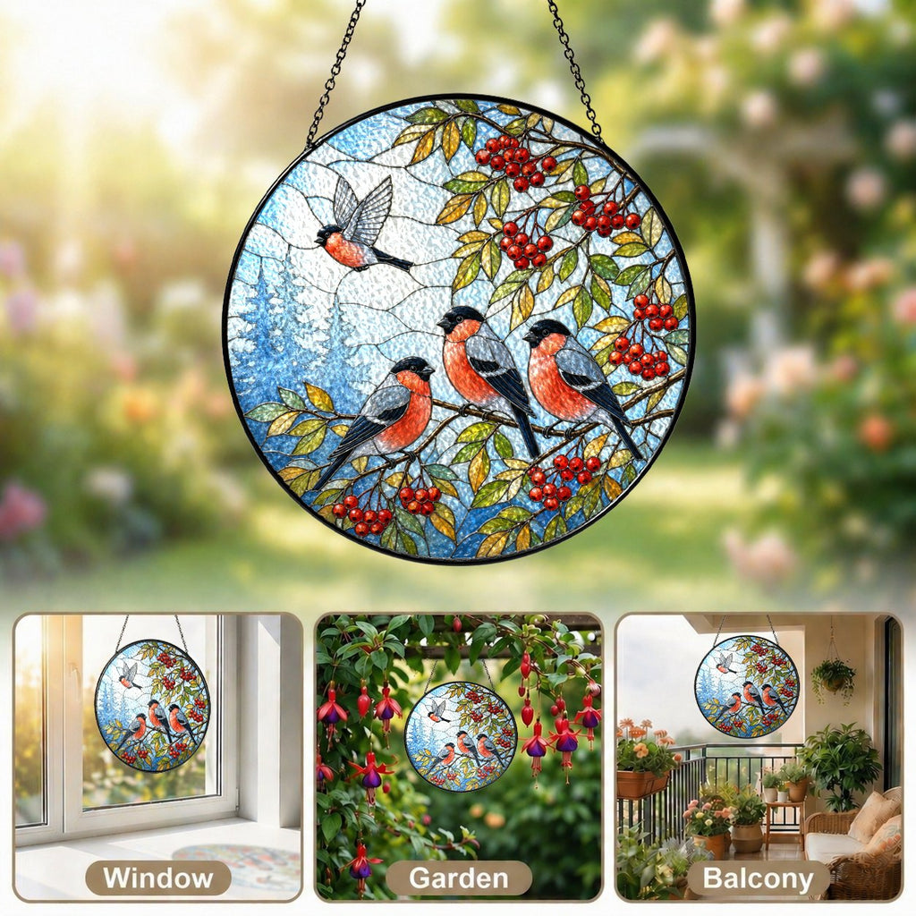Bullfinch Trio & Rowan Berries Stained Glass Suncatcher