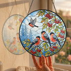Bullfinch Trio & Rowan Berries Stained Glass Suncatcher