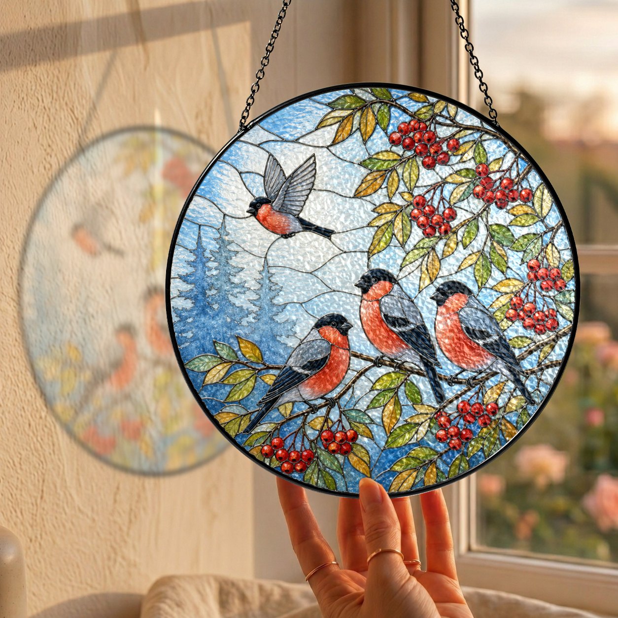 Bullfinch Trio & Rowan Berries Stained Glass Suncatcher