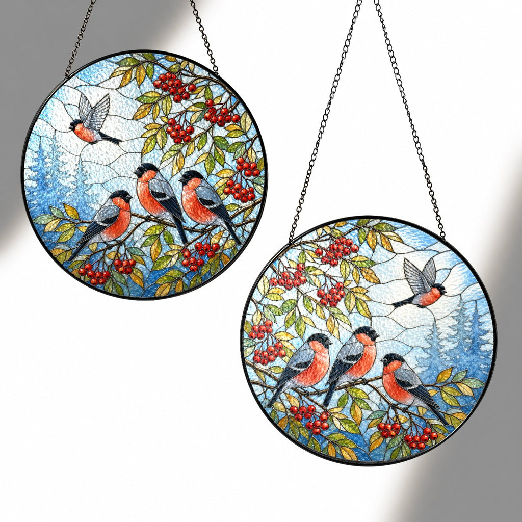 Bullfinch Trio & Rowan Berries Stained Glass Suncatcher