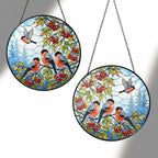 Bullfinch Trio & Rowan Berries Stained Glass Suncatcher