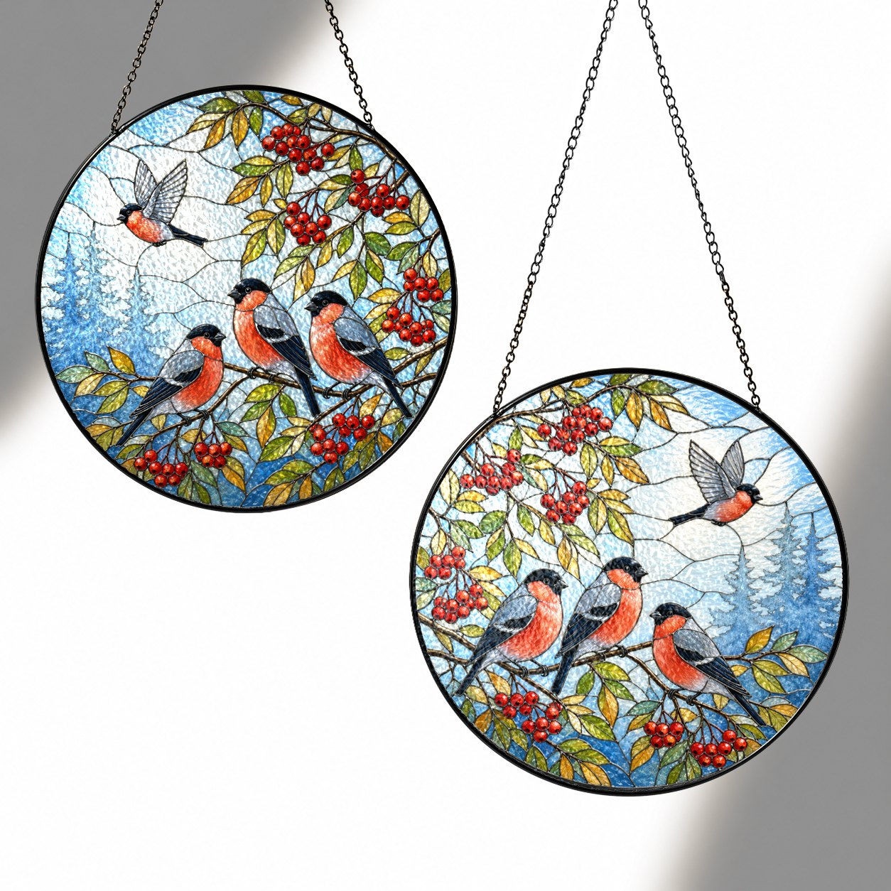 Bullfinch Trio & Rowan Berries Stained Glass Suncatcher