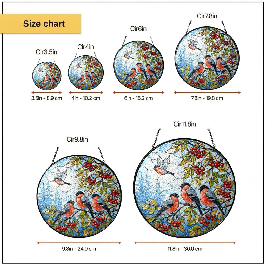 Bullfinch Trio & Rowan Berries Stained Glass Suncatcher