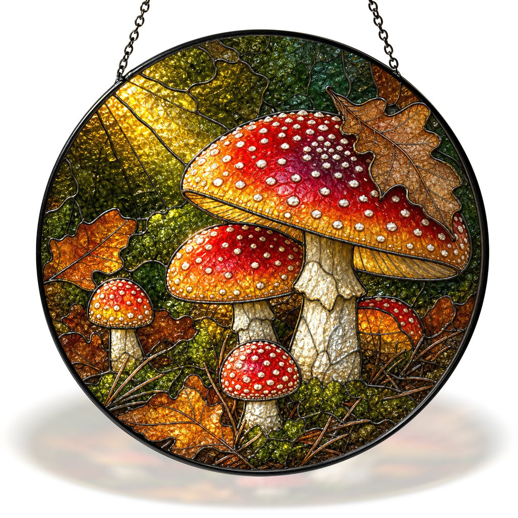 Fly agaric mushroom cluster stained glass suncatcher