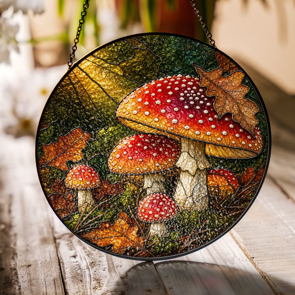 Fly Agaric Mushroom Cluster Stained Glass Suncatcher