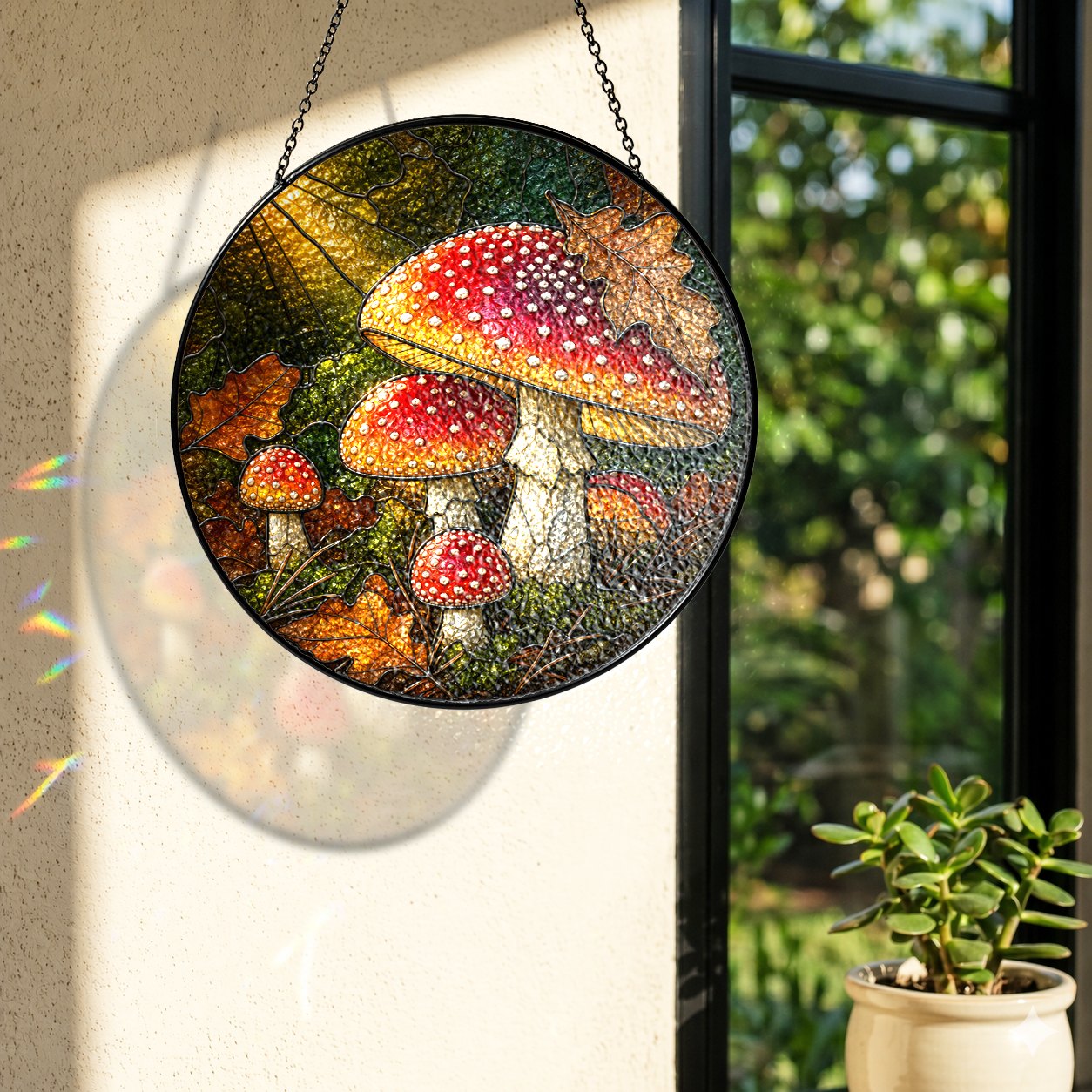 Fly Agaric Mushroom Cluster Stained Glass Suncatcher