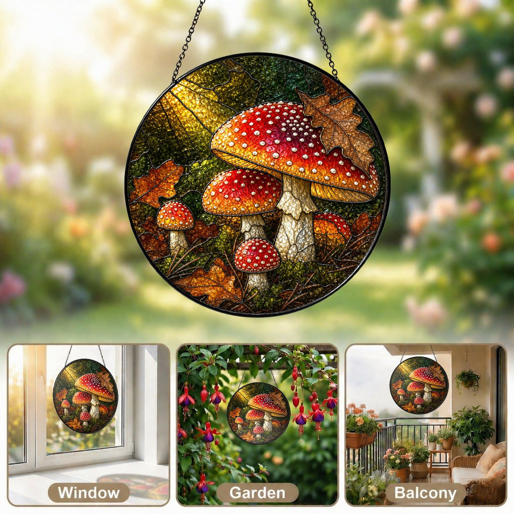 Fly Agaric Mushroom Cluster Stained Glass Suncatcher