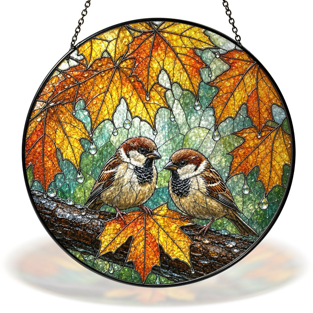 Two sparrows and autumn maple leaves stained glass suncatcher