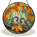 Two sparrows and autumn maple leaves stained glass suncatcher