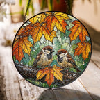 Sparrow Pair & Autumn Maple Leaves Stained Glass Suncatcher