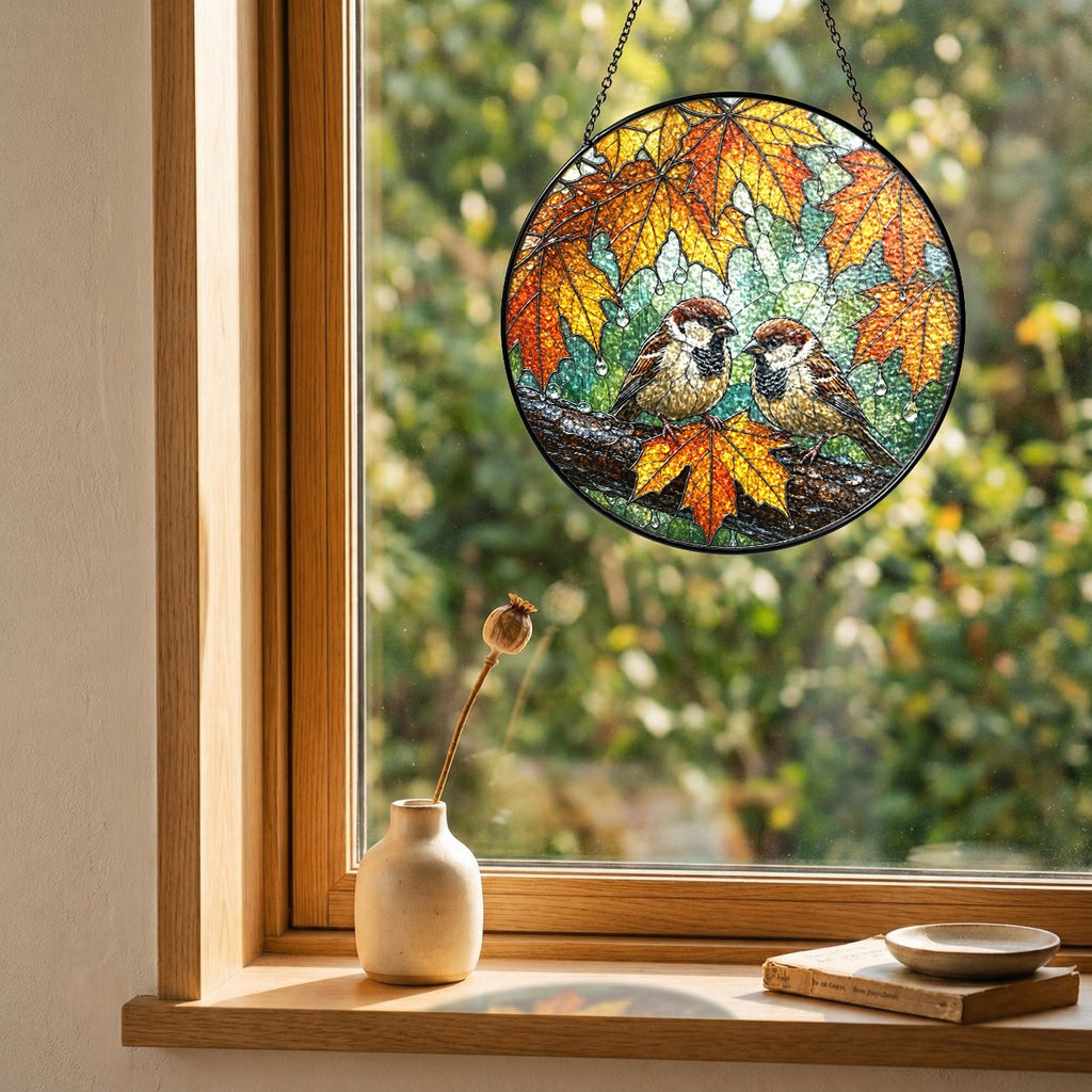 Sparrow Pair & Autumn Maple Leaves Stained Glass Suncatcher