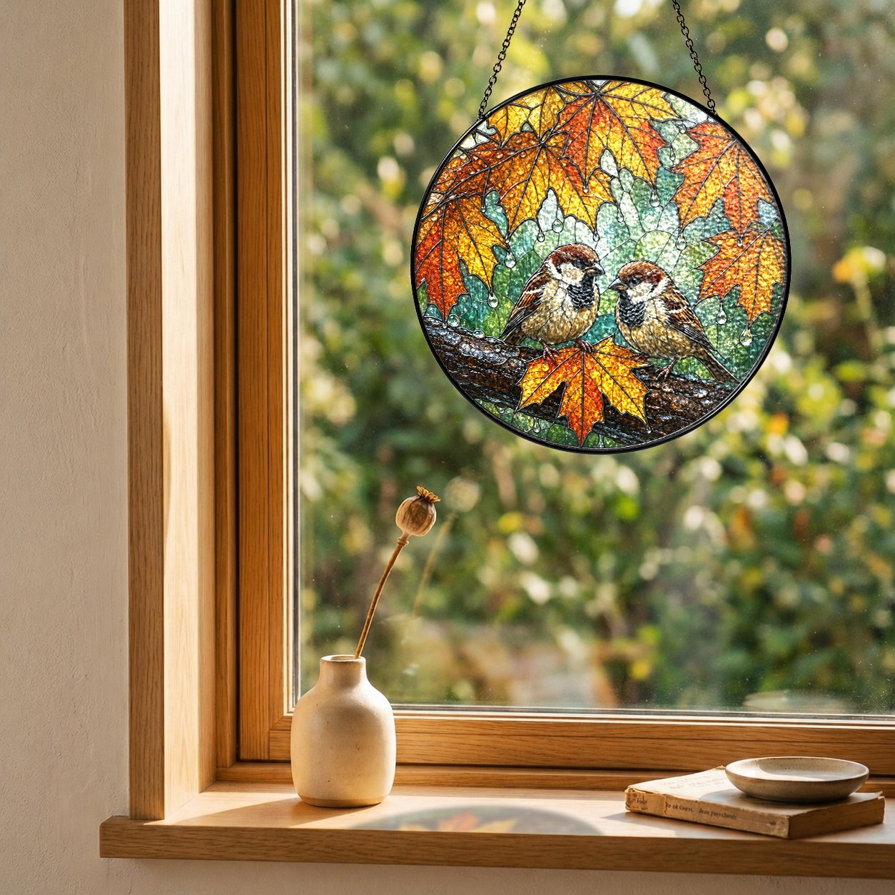 Sparrow Pair & Autumn Maple Leaves Stained Glass Suncatcher