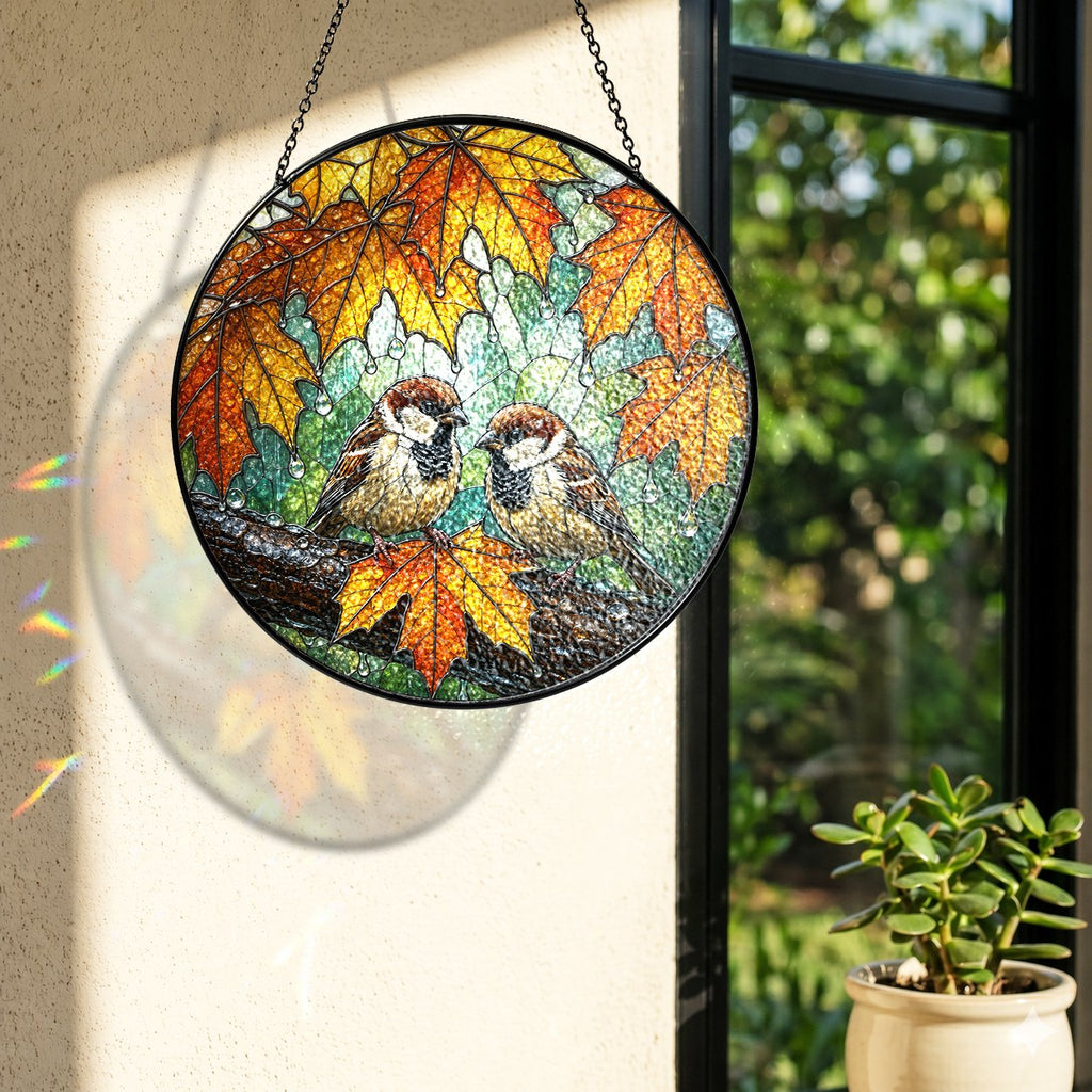 Sparrow Pair & Autumn Maple Leaves Stained Glass Suncatcher