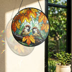 Sparrow Pair & Autumn Maple Leaves Stained Glass Suncatcher
