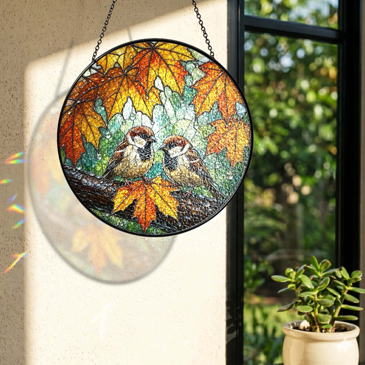 Sparrow Pair & Autumn Maple Leaves Stained Glass Suncatcher