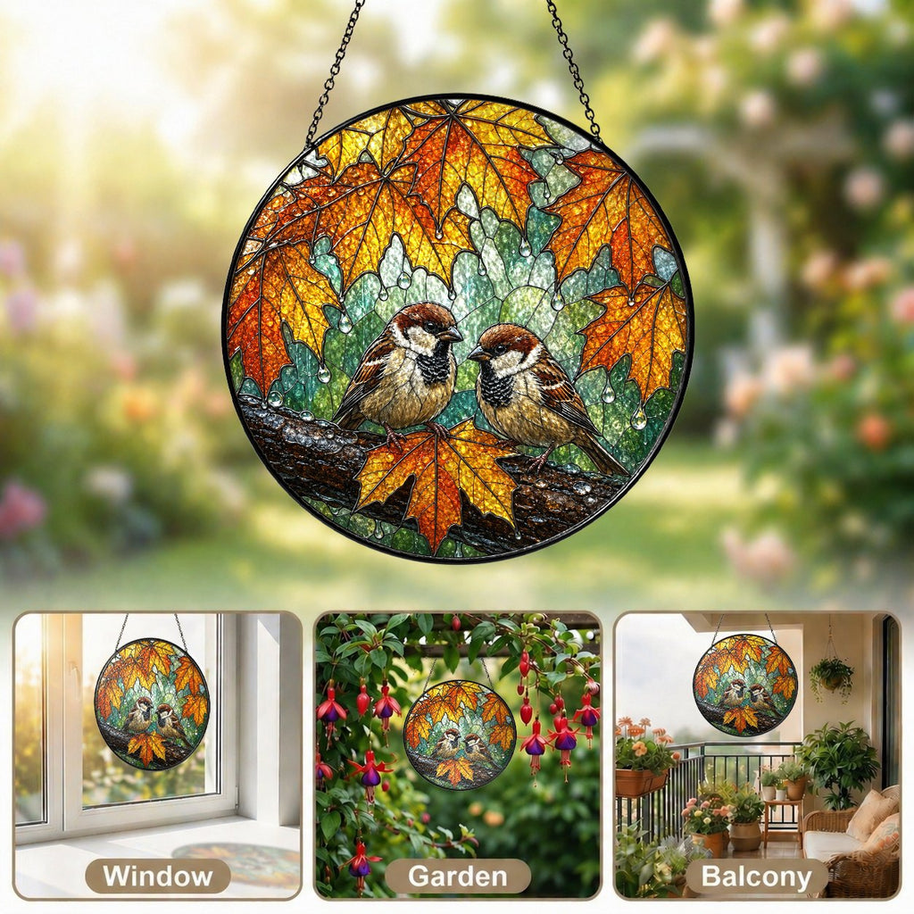 Sparrow Pair & Autumn Maple Leaves Stained Glass Suncatcher