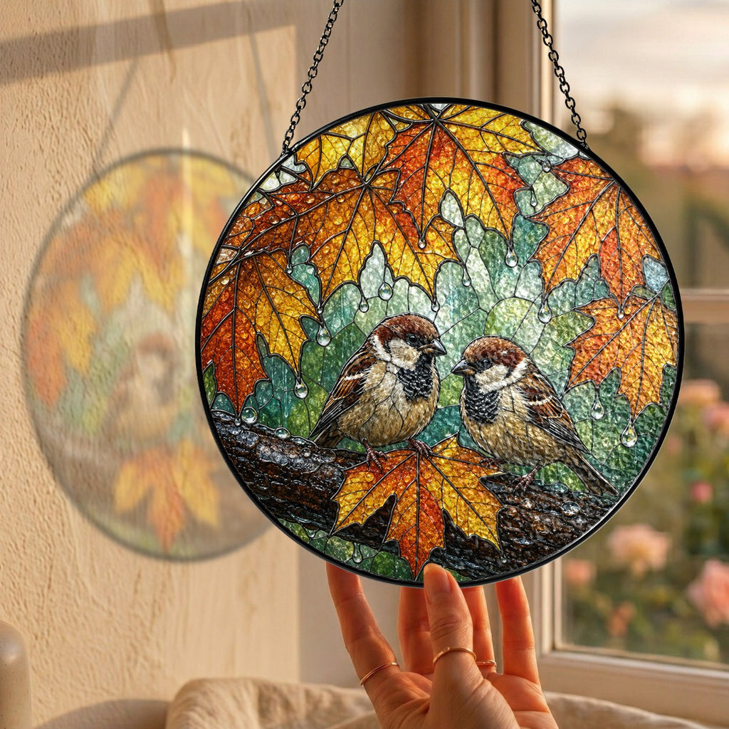Sparrow Pair & Autumn Maple Leaves Stained Glass Suncatcher