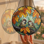Sparrow Pair & Autumn Maple Leaves Stained Glass Suncatcher